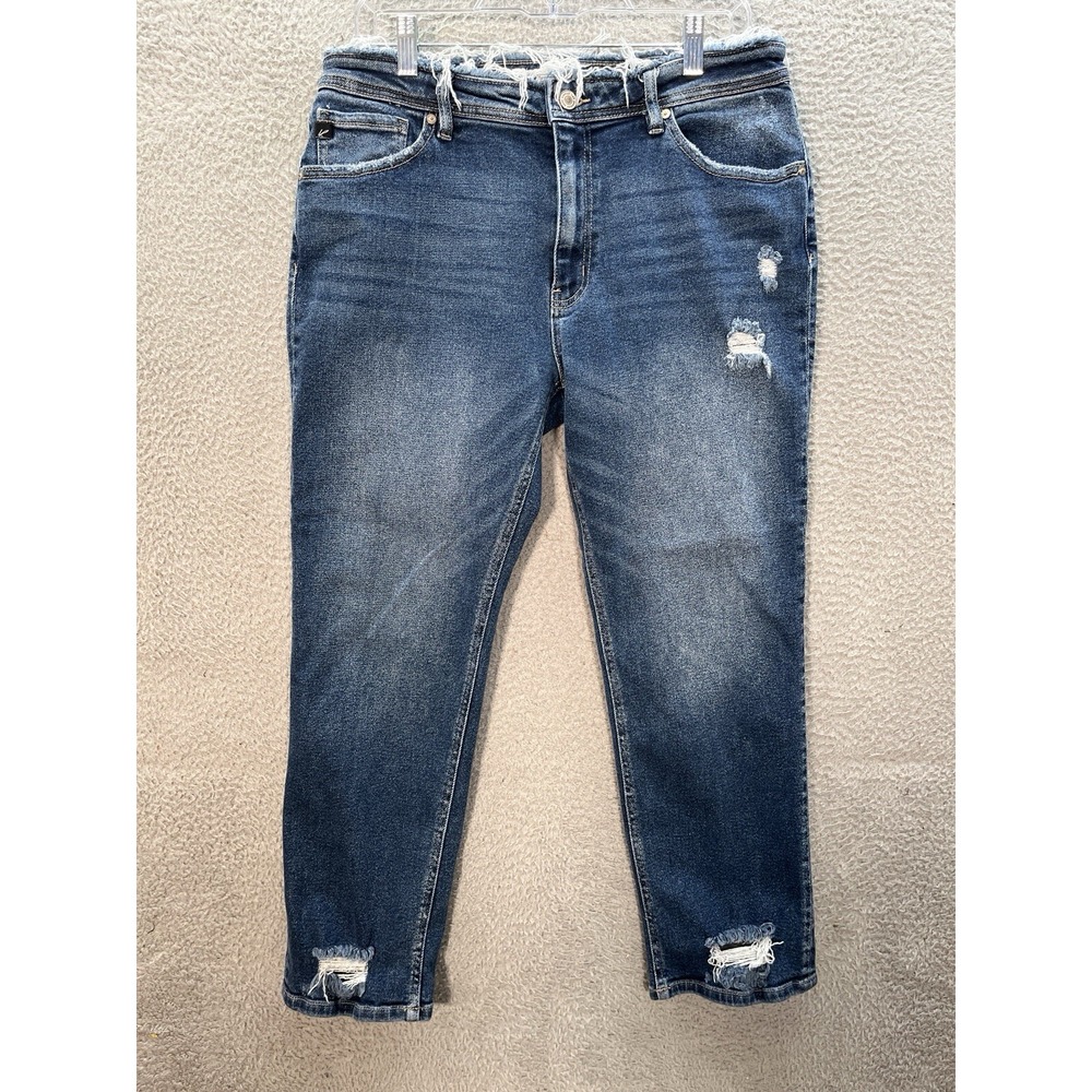 KanCan Jeans Womens 30 Blue High‎ Rise Boyfriend Frayed Waist Distressed Preppy